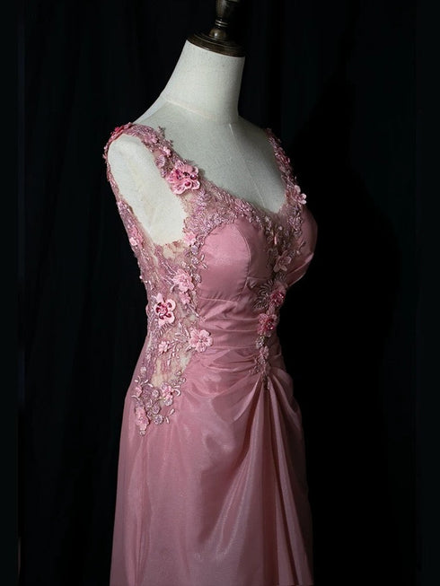 Blush Pink Evening Gown - Embellished Floral Dress - Romantic Lace Low back Evening Dress